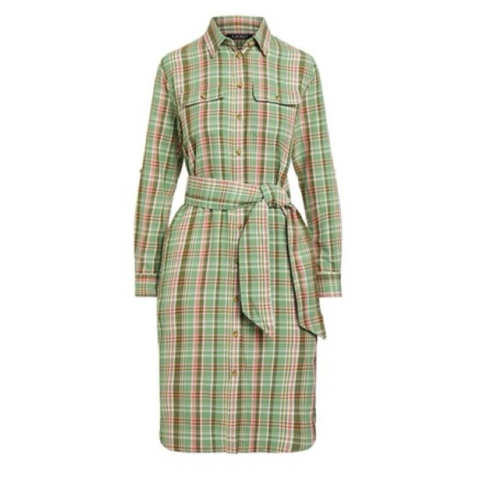 Lauren Ralph Lauren Women Green Multi Plaid Cotton Belted Shirtdress Size 10 NWT